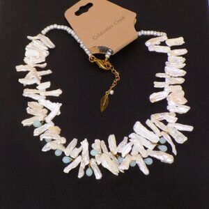 NWT $60 Coldwater Creek Cultured Pearl Fringe Necklace, Blue Stone Accents